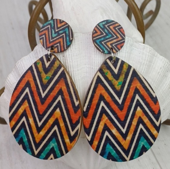 Colorful Tribal Chevron Wooden Design Dangling Earrings - Picture 7 of 9